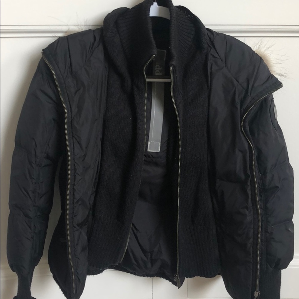 Add Down Hooded Coat with Fur and Knit Insert